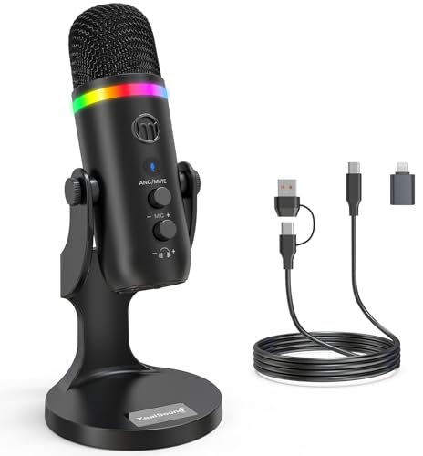 zealsound microfono USB, Cardioide microfono a condensatore RGB, cancellazione del rumore, eco, monitoraggio, Plug and Play USB per PC podcast, streaming, YouTube, Gaming, per Phone/PS 4/5/Mac K66PRO