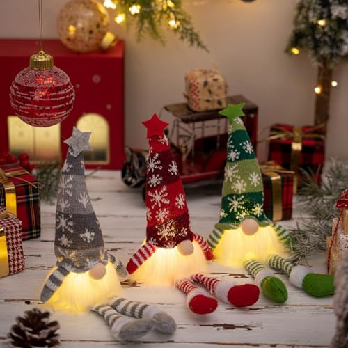 Bulla Christmas Gnome Decoration Set of 3, Light Up Gnome Christmas Decorations, Xmas Gonks Gnomes Plush Swedish, UK Elves Xmas Decorations (B-Long legs)