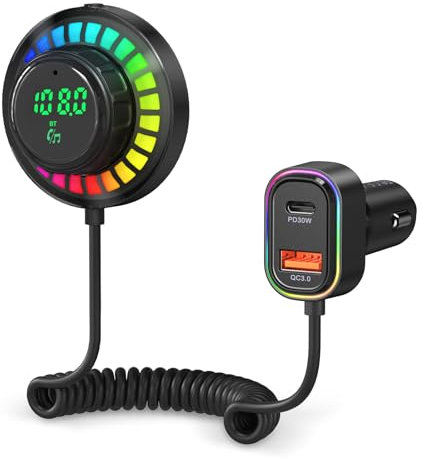 ORIA Bluetooth FM Transmitter für Auto, Bluetooth 5.3 Radio KFZ Adapter mit PD30W & QC18W Schnellladeanschluss, Freisprechen, LED Atmosphärenlicht, Sprachassistent