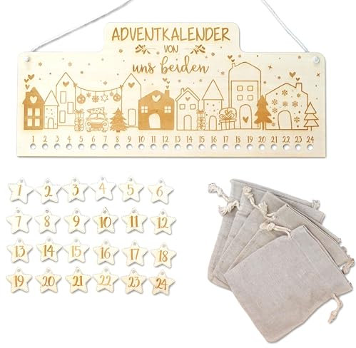 FEENSTAUB Adventskalender personalisiert, wiederverwendbarer Adventkalender Holz, Adventskalender Brett graviert, Holzadventskalender zum Aufhängen, DIY Weihnachtskalender Weihnachtsdorf