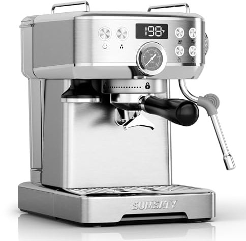 SUMSATY - Máquina de café expreso de acero inoxidable con espumador de leche, máquina de café espresso profesional de 20 barras con visualización LCD y medidor de presión, cafetera de café con leche