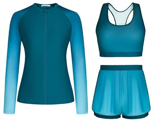 JASAMBAC Ladies Long Sleeve Swimsuit,Swimming Costume Women, Tummy Control Swimwear Rash Guard Swimsuit UPF 50+ Bikini Top & High Waist Boyshorts Zipper Modest Swimwear Bathing Suit Soft Surf Suit