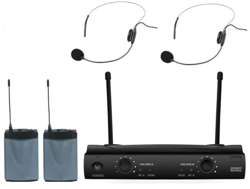 Dual Channel Wireless Headset Headworn Microphone System with uhf MS4 Receiver 2 Cardioid Headset Microphones Black