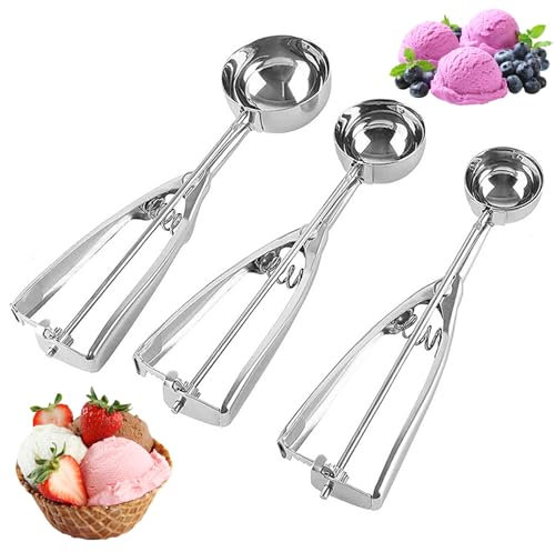 Gohytal Eisportionierer Edelstahl, 3 Stück Eisportionierer Eislöffel mit Auslöser für Eis für Eiskugeln Eiscreme Plätzchen Kuchen Teig Melone Muffins Fleischbällchen, 4cm 5cm 6cm Durchmesser