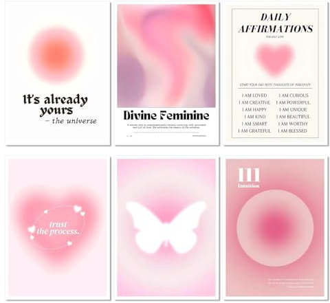 Aura Poster Images Imprimées Set de 6, Aura Poster Aesthetic, Set d'affiches murales roses Aesthetic Room Decor Images Chambre Décoration pour chambre, chambre à coucher, Clean Girl (21x30cm, Non enca