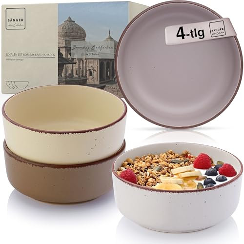 Sänger Bombay Erdfarben | Steingut Schüssel Set 4 teilig, Müslischalen für 4 Personen, Schalen, kratz- mikrowellen- spülmaschinenfest, Kleine Schüsseln Tiefe Teller bunt 700 ml | VALUE COLLECTION