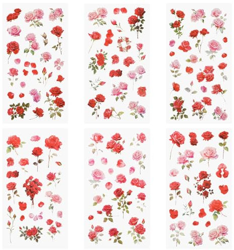 Rose Stickers, 6 Pcs Transparent Flower Decals Waterproof Flower Stickers Vintage Red Pink Vinyl Rose Themed Decals for Crafts Scrapbook Card Making Journaling Water Bottles Poster Decoration