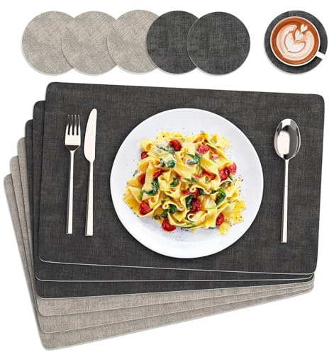 Euqvunn Tischsets Abwaschbar und Untersetzer, 6er Set Doppelseitigen PU Platzsets Wasserdicht Rutschfest Hitzebeständig für Küche Innen und Außen(43×30cm-Grau)