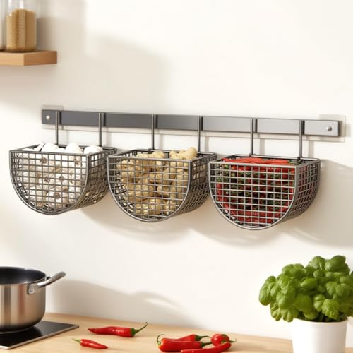 Peelanmall 3 Gitter Hängekorb,Obst Aufbewahrungskörbe,Hängende Obstkörbe,Abnehmbar Hängekorb,Hängekorb Küche,Selbstklebend,Lochfrei Metallgitter Körbe für Küche Bad Schränke