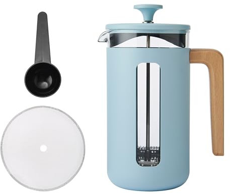 La Cafetière Pisa 8 Cup Cafetière In Sky Blue, Durable Stainless Steel Plunger, Heat Resistant French Press With Stylish Natural Wood Handle, Versatile Coffee And Tea Plunger, 1L