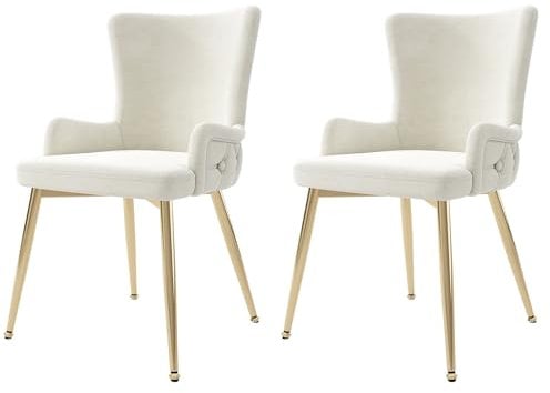 Samt Esszimmerstuhl Set mit 4 Metallstützbeinen Loungesessel für Wohnzimmer Esszimmer Küchen Polsterstuhl bis 150 kg belastbar Armlehnstuhl 2-teilig Beige+Gold