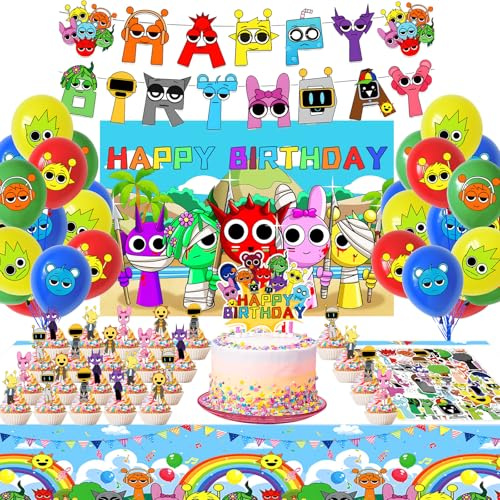 Cartoon Geburtstag Deko, 101 Pcs WlsqDE Cartoon Geburtstagsdeko, Party Deko | Geburtstagsdeko, mit Banner, Tortendeko, Sticker, Tischdecke, für Geburtstage