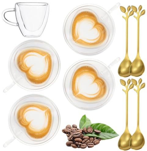 Gohytal Heart Shape Double Walled Coffee Glasses Mugs, 180ml Cappuccino Latte Macchiato Glasses Cups with Handle Borosilicate Heat Resistant Glass Cups for Coffee Tea Milk Juice Ice Cream (4)