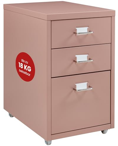 [en.casa] Rollcontainer Kökar Schubladenschrank Metall Aktenschrank mit 3 Schubladen Bürowagen mit Rollen für Arbeitszimmer 48 x 28 x 41 cm Hellbraun