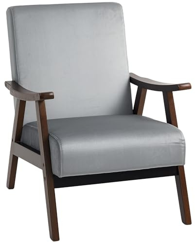 HOMCOM Nordic Accent Chair, Soft Velvet Upholstered Armchair with Solid Wood Frame and Thick Padding for Living Room, Bedroom, Grey