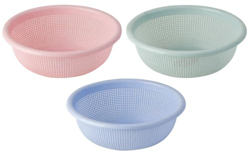 Packool Long-Lasting PP Material, Convenient Draining, Space-Saving Design, Blue, Pink, Green, Great for Washing Vegetables and Fruits, 3 Pcs of Plastic Colanders for Kitchen