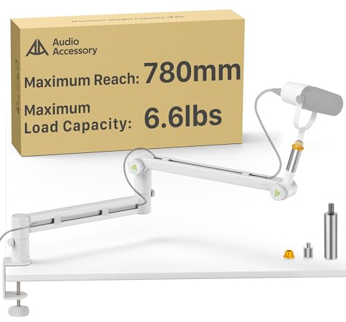 AA AUDIO ACCESSORY White Mic Arm Desk Mount (Design for Heavy Mic) 3KG Load Capacity, Stable Gear Lock No Sags, Metal Low Profile Microphone Boom Stand for Shure SM7B SM7dB MV7, Blue Yeti, Rode PodMic