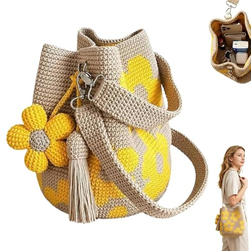 RUTYAUB Handgefertigte Häkelblumen Tasche für Damen, Handmade Crochet Flower Tote, Boho Strandtasche mit Blumenmuster Quasten, Weiche Umhängetasche für Alltag, Urlaub, Picknick