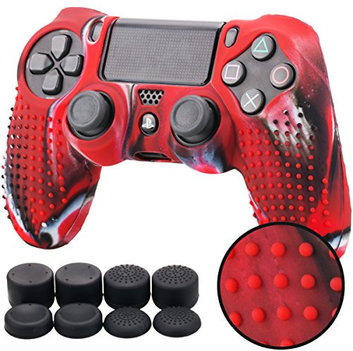Pandaren® STUDDED Silikon Hülle Anti-Rutsch für PS4 controller x 1 (Tarnung rot) + FPS PRO thumb grips aufsätze x 8