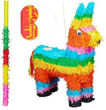 3 TLG. Pinata Set Lama, Pinatastab mit Augenmaske, Piniata für Kinder, Stock & Augenbinde, Esel Piñata ungefüllt, bunt