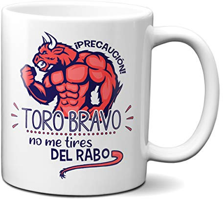 Planetacase - Taza Precaución Toro Bravo - Regalo Divertido para Amigos y Familia - Diseño Gamberro y Bromista - Apta para Microondas y Lavavajillas - 330 mL, Blanca, Cerámica