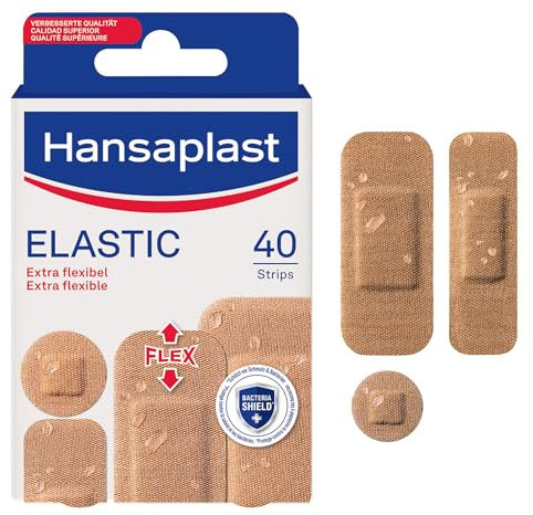 HANSAPLAST - 40 Pansements Elastic Prédécoupés - Déperlants et Extra-Flexibles - Pouvoir Adhésif Elevé - Pour Les Plaies Superficielles - 4 Formats Assortis : 8 ronds, 20 petits, 10 moyens, 2 grands