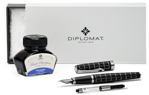 Diplomat Excellence A+ Raute guillochiert lapis schwarz, Füllfederhalter mit Schreibtinte und Konverter, Füller mit Edelstahlfeder Stärke M, Füllhalter-Set