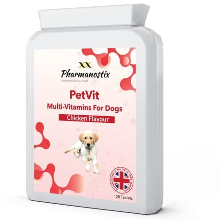 PetVit - Daily Multivitamins for Dogs 120 Chewable Chicken Flavour Tablets - 24 Essential Vitamins & Minerals- Support Healthy Heart Brain Hips Joints Bones Teeth Skin & Coat- For Young or Senior Pets