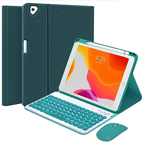 QYiiD Tastiera Cover per iPad Pro 12,9 (vecchio modello, 1 ° e 2a generazione), Sottile Smart Cover con Supporto Matita,Rimovibile 7 Colori Luce Tastiera e Mouse, Verde Scuro