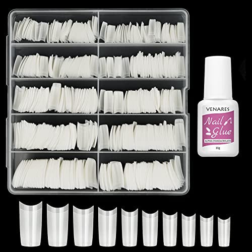 Venares 500 Pezzi Unghie Finte con Colla, 10 Misure Acrilico Unghie Finte Naturale Unghie Tips Set con Colla (Naturale)