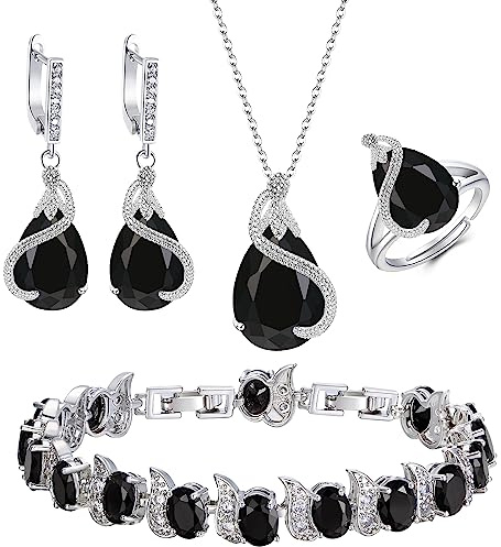 Ever Faith Women's Cubic Zirconia Teardrop Jewellery Set 4 PCS | Sparkly, Necklace Earring Bracelet Ring, Birthday Gifts