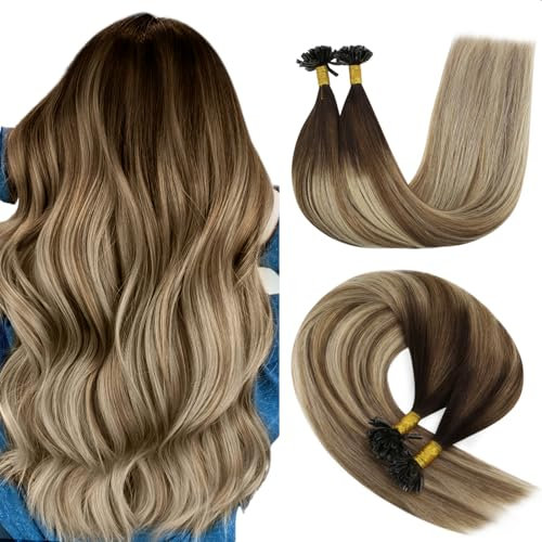 YoungSee Extensions Echthaar Bondings Balayage Bondings Extensions Echthaar Keratin Bondings Echt Haar 40 cm Braun Balayage Blond U Tip Haarextension Keratin K Tip Hot Fusion 50g #4/6/22