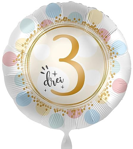 Bunter Ballon 3. Geburtstag pastell Folienballon 3 Jahr Mädchen Junge Geschenk Kinder 3. Geburtstag Luftballon drei, Made in EU