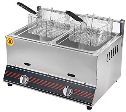 12L Gas Deep Fryer Commercial Deep Fat Fryer Stainless Steel LPG Fryer with 2 Basket and Lid, Twin Deep Fat Fryer for Chips Donuts Fish, Easy Clean