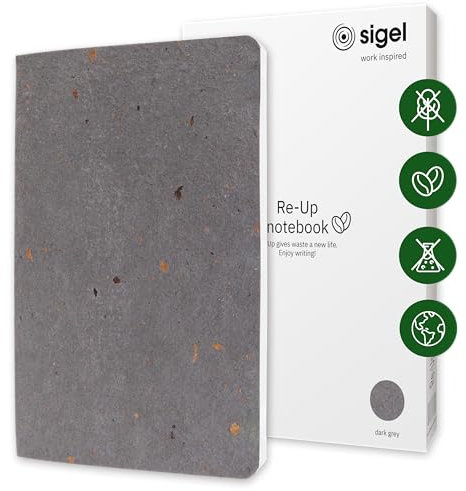 SIGEL RU104 veganes Notizbuch A5 kariert aus Kaffee/Baumwollresten, dickes 100 g Papier, NCP-Award: nachhaltig, frei von Plastik und Chemikalien, 100 Seiten, Re-Up Notizheft Geschenkbuch dunkelgrau