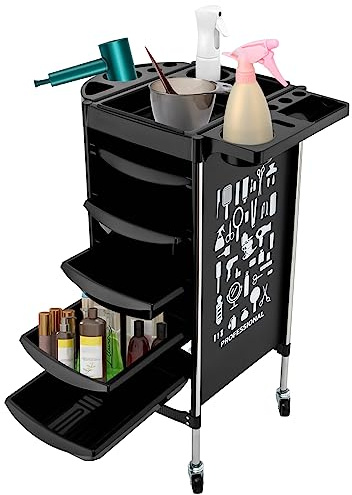 LUNICASHA 6 Tiers Hairdressing Trolley, Hair Salon Rolling Trolley, Beauty Trolley On Wheels, Hairdresser Storage Trolley, Beauty Salons Cart with 5 Drawers, Black