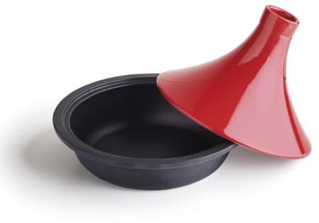 Qdesign - Tajine en fonte Ovale 29 cm - Contenance 2,4 L - Couvercle en céramique - Convient pour Induction - Passe au Four - Rouge