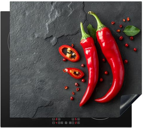 KitchenYeah© Herdabdeckplatte 60x52 cm Einteilig Ceranfeld Abdeckplatte für Induktionsschutz Ceranfeldabdeckung Vinyl Herdabdeckplatten Chilischoten - Beton - Paprika - Gemüse
