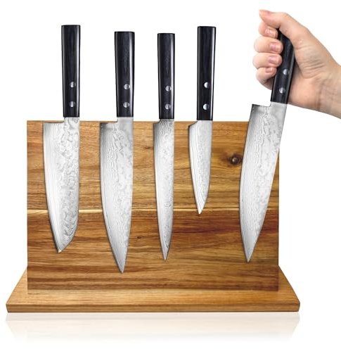 TOPANBIETER 999 Magnetischer Messerblock aus Akazienholz - Doppelseitig nutzbar, Kochbuchhalter & Memoboard - Ohne Messer - Messerhalter Holz, 31x 22 cm, auch als Magnettafel für Notizen & Postkarten