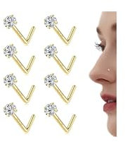 CASSIECA 8 Pcs 20G Piercing Nez Acier Chirurgical Piercings au Nez Or en Forme de L Piercings Vis Studs de Nez 2mm Rond Zircone Cubique