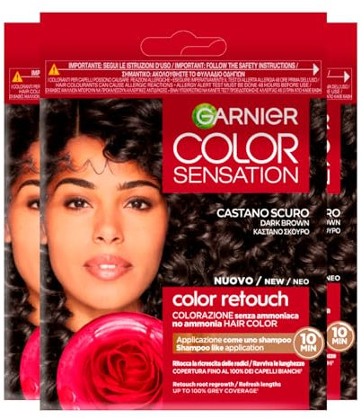 Garnier Color Sensation Color Retouch Permanente Haarfarbe, deckt 100 % weißes Haar ab, einfache Anwendung, Dunkelbraun – 3 Farben
