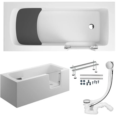 KOLMAN KOMPLETTSET 6in1 Acryl Weiß Wanne Badewanne Rechteck + AcrylSchürze, 160x75 cm, Seniorenbadewanne mit Glastür und Holzsitz AVO Rechts, Made in EU, Premium Ablaufgarnitur in Chrom & Wannenfüße