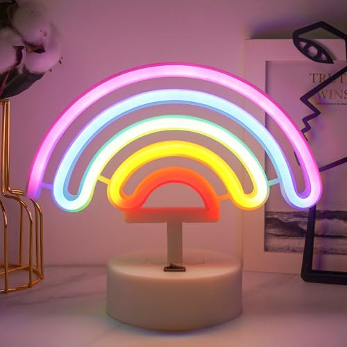 JEMESI Luce al neon arcobaleno, luce notturna a LED, alimentata a batteria/USB, lampada arcobaleno con base, decorazione per compleanni, bar, feste, regali per bambini