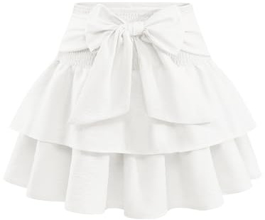 Timormode Women's Girls Bow Mini Skirt Flowy High Waisted Ruffle Hem Short Skirts Cute Boho Lightweight Layered Skater Skirt Perfect for Summer TMS8005 White XL