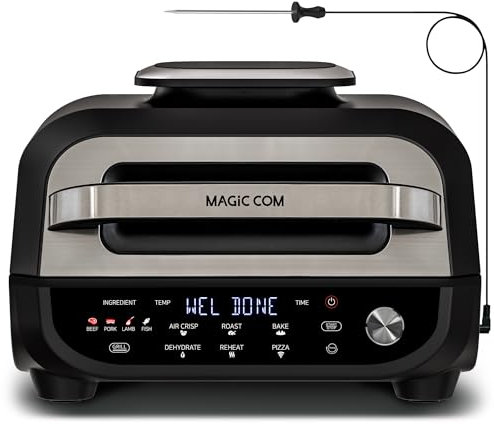 MAGiC COM - Parrilla y freidora de aire, parrilla eléctrica 7 en 1 con filete, asado, crujiente al aire, hornear, deshidratar, pizza y recalentar Termómetro inteligente, antiadherente, apto para