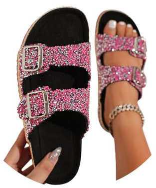 Minetom Mules Femme Paillettes Boucle Sabots Bout Ouvert Été Plates en Liège Nu-Pieds Semelles Épaisses Sandales De Plage Boho Romain Chaussons A Rose Rouge 39 EU