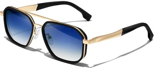 KANASTAL Sunglasses Mens Gradient Blue Womens Square Polarised Ladies Classic Retro Vintage Wide Metal Driving Business UV400 Protection - Gold Frame Blue Lens
