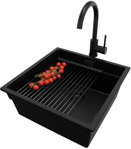 PRIMAGRAN Granitspüle ab 50er Unterschrank + Küchenarmatur, 46x47cm | Set: Küchenarmatur BW5010 + Ablauf-Set + Abtropfmatte + Spülbecken 1 Becken - Prag Level Slim, Alles Schwarz