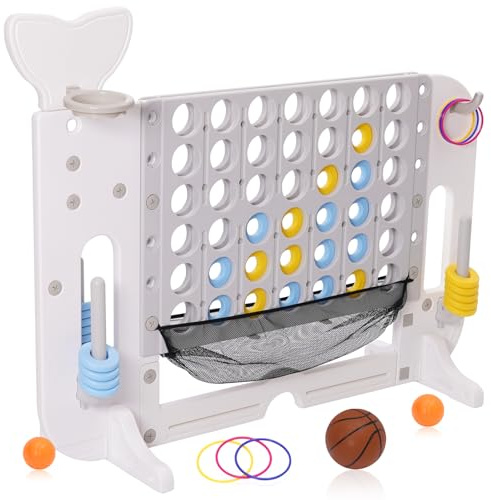 4 in1Vier Gewinnt mit 42Jumbo Ringen,3 Ringe,1 Basketball,2 Golfbälle,1 Golfschläger und Schieberegler zum schnellen Neustart,4 Gewinnt Groß Höhenverstellbar für Kinder Erwachsene(Blau)