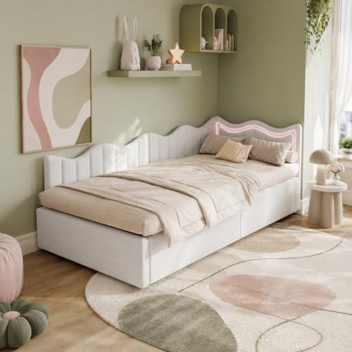 BRILVERDE Polsterbett Kinderbett 90x200 cm mit LED,Schlafsofa mit Lattenrost,Hydraulisches Stauraumbett,Einzelbett,Jugendbett,Samt,Ohne Matratze (Beige-5)
